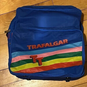 Trafalgar Backpack Shoulder Bag Vintage 80's Rainbow Blue Travel Bag w Small Bag